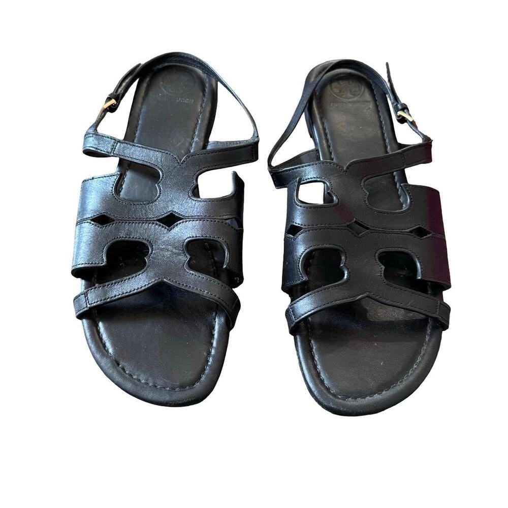 Tory Burch Serif Sandal 9.5 Black Vegan Leather w Box Dust Bag Slingback Sandals